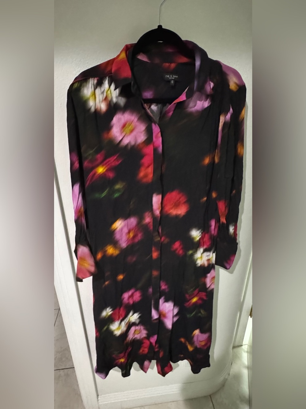 rag & bone Black Floral Long-Sleeve Button-Front Dress with Pink & Red Bloom